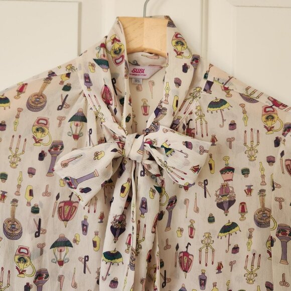 Subi Sheer Cream Printed Blouse Bow Feminine Coquette Pretty Romantic Girly Cute - Picture 3 of 11